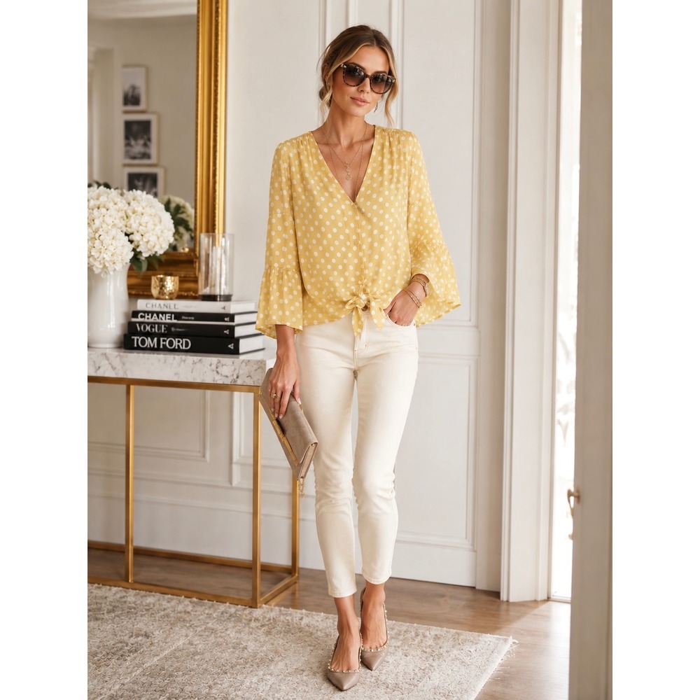 LC Lauren Conrad Yellow Polka Dot Tie Grace Kelly | Soft Girl | Emily in Paris M - Picture 6 of 6
